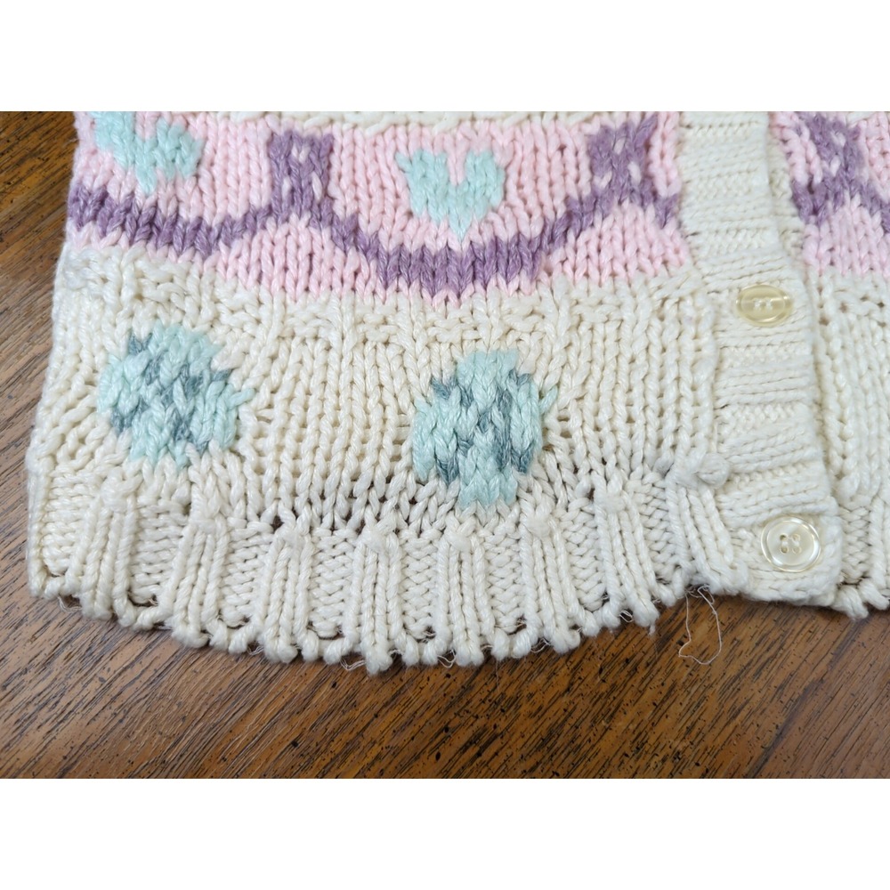 One Step Up Cardigan Sweater Sz MED Hand Knit Pastels Hearts Chunky Cable Knit - Picture 10 of 13